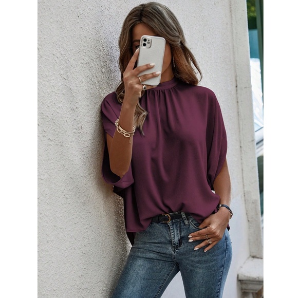 Burgundy Blouse Top Flowy, High Neck - Picture 2 of 11